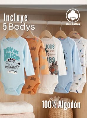 Imagen 2 del producto Pack 5 Bodys Manga Larga 100% Algodón Bebé Niños Dino Aventure