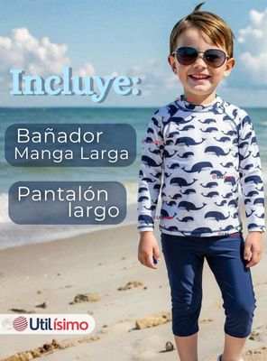 Imagen 2 del producto Traje de Baño Manga Larga Pantalón Largo 2 Piezas Corte Split Para Niños 3 a 9 años White Whale