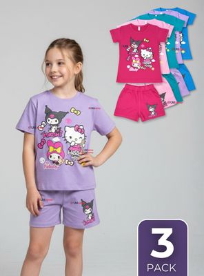 Pack 3 Conjunto Sanrio 100% Algodón Polera y Pantalón Corto Niña Kuromi Hello Kitty My Melody