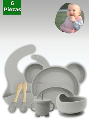 Set De Alimentación Bebé Silicona 6 Piezas Libre BPA Gris