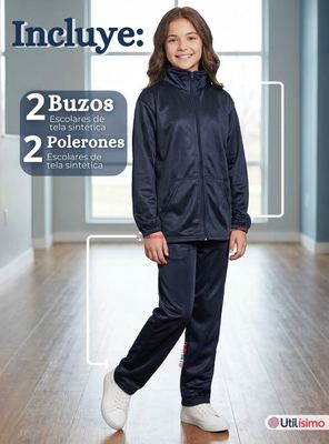 Imagen 2 del producto Pack 2 Conjuntos Escolares Buzo Pantalón Y Polerón Tela Sintética Niño Niña Unisex Azul 3 a 16 años