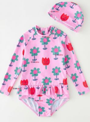 Traje de Baño Enterito Cremallera Manga Larga Con Gorro para Niñas de 1 a 6 años Pink Flowers
