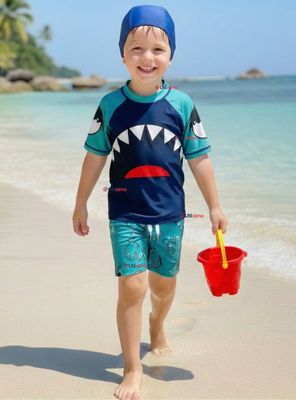Traje de Baño Manga Corta Pantalón Corto y Gorro 3 Piezas Corte Split Niño 2 a 8 años Blue Shark