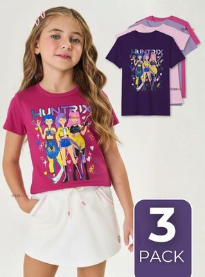 Pack 3 Poleras Huntrix de 100% Algodón Manga Corta Niña HUNTR/X Demon Hunters Rumi Mira Zoey