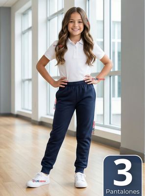 Imagen 1 del producto Pack 3 Buzos Pantalones Escolar Niña Unisex 100% Algodón Color Azul Bota Acanalada 3 a 16 años