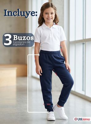 Imagen 2 del producto Pack 3 Buzos Pantalones Escolar Niña Unisex 100% Algodón Color Azul Bota Acanalada 3 a 16 años