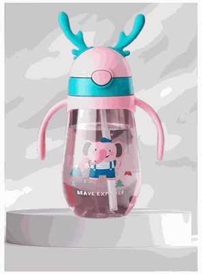 Botella Plástica 480 ML Con Bombilla Y Orejitas Kawai Sin BPA Niños Elephant