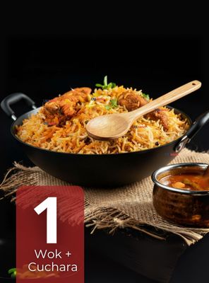 Wok Chino de Acero Inoxidable Antiadherente 34cm+ Cuchara de Madera de Bambú