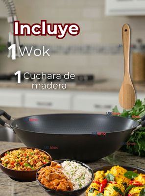 Imagen 2 del producto Wok Chino de Acero Inoxidable Antiadherente 34cm+ Cuchara de Madera de Bambú