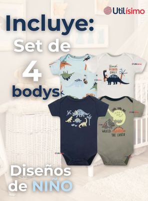 Imagen 2 del producto Pack 4 Bodys Niños Manga Corta Tedmimak 100% Algodón Dino Aventura