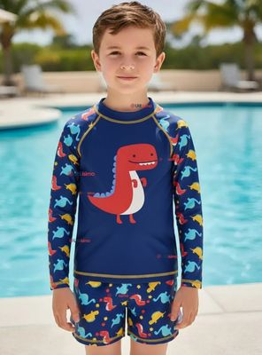 Traje de Baño Manga Larga Pantalón Corto 2 Piezas Corte Split para Niños 3 a 9 años Blue Dinosaur