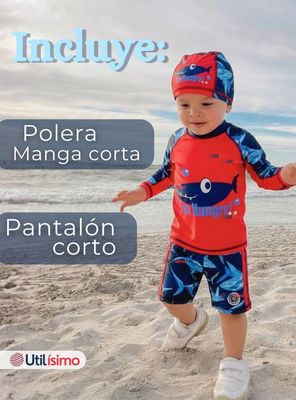 Imagen 2 del producto Traje de Baño Polera Manga Larga Gorro Pantalón Corto 3 Piezas Corte Split Niño 1 a 5 años Red Whale