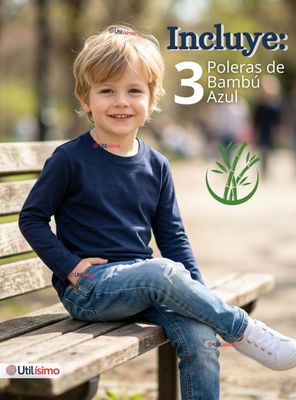 Imagen 2 del producto Pack 3 Poleras Camisetas Bambú Azul Oscuro Cuello Redondo Primera Capa Manga Larga Niños