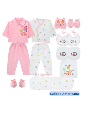 Set 18 Piezas Ajuar Niña bebe 0 a 3 Meses Jirafa Globos Rosa Jump Kids 100% Algodón