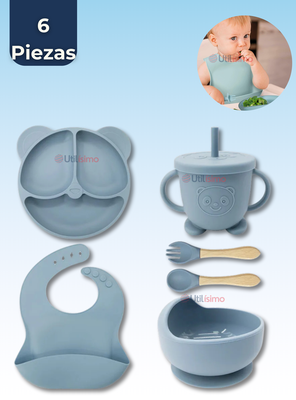 Set De Alimentación Bebé Silicona De Oso 6 Piezas Libre BPA Celeste