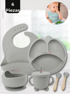 Set De Alimentación Bebé Silicona De Formas 6 Piezas Libre BPA Gris