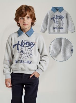 Polerón Algodón Estilo Pique Manga Larga Niños Gris