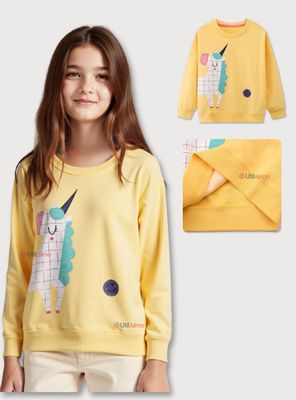 Polerón Algodón Cuello Redondo Niña Amarillo Unicornio