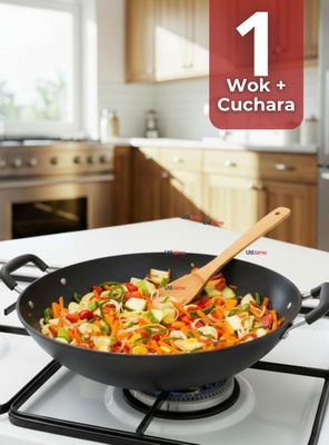 Wok Chino Acero Inoxidable Antiadherente 34cm+ Cuchara de Madera de Bambú