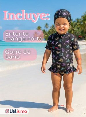 Imagen 2 del producto Traje de Baño Enterito Cremallera Manga Larga Con Gorro para Niñas de 1 a 6 años Black