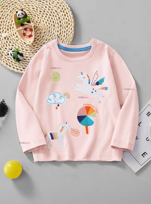 Polera Algodón Manga Larga Niña Camiseta Unicornios Rosado