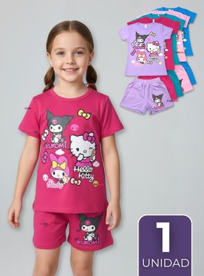Imagen 1 del producto Conjunto Sanrio 100% Algodón Polera Pantalón Corto Niña Kuromi Hello Kitty My Melody