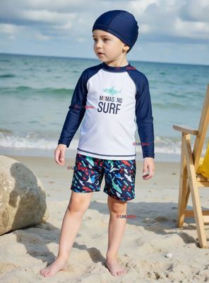Traje de Baño Con Gorro Pantalón Corto Manga Larga 3 Piezas Niño 3 a 9 años Blue Surf