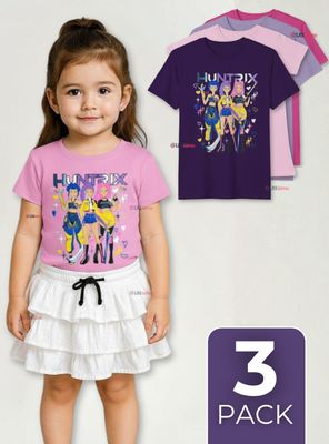 Pack 3 Poleras Huntrix 100% Algodón Manga Corta Niña HUNTR/X Demon Hunters Rumi Mira Zoey
