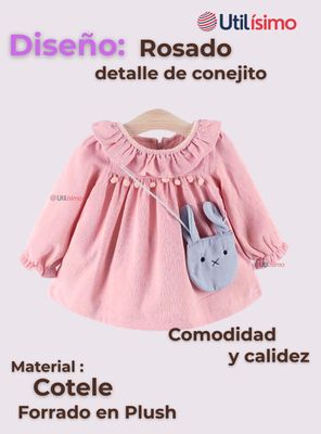 Imagen 2 del producto Vestido De Cotelé Con Bolso Conejo Forrado En Plush Niña Rosado