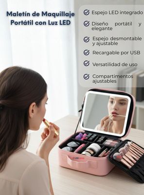 Imagen 2 del producto Estuche Maquillaje 2 en 1 Cosmetiquero Con Espejo Luz Led Organizador