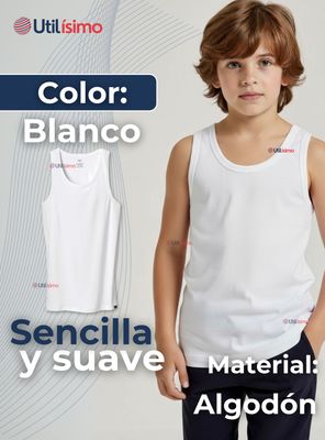 Imagen 2 del producto Camiseta Sin Manga Básica Suave 100% Algodón Color Blanco Niño y Juvenil Hombre