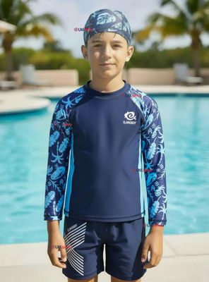 Traje de Baño Pantalón Corto Polera Manga Larga y Gorro 3 Piezas Corte Split Niño 2 a 8 años Blue