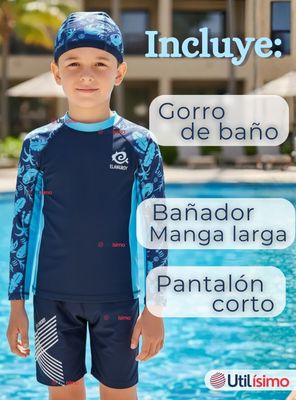 Imagen 2 del producto Traje de Baño Pantalón Corto Polera Manga Larga y Gorro 3 Piezas Corte Split Niño 2 a 8 años Blue