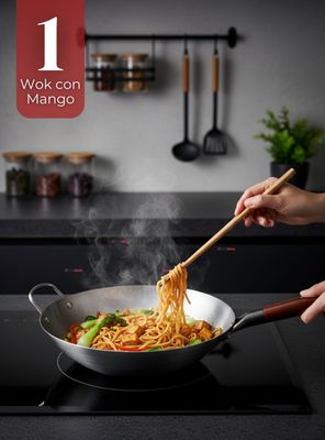 Sartén Wok de Hierro Concavo Con Mango de 34cm Plateado