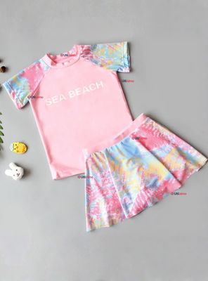 Traje De Baño Manga Corta y Pantalón Corto Con Falda 2 Piezas Niña de 6 a 13 Años Sea Beach Rosado