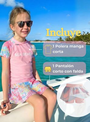 Imagen 2 del producto Traje De Baño Manga Corta y Pantalón Corto Con Falda 2 Piezas Niña de 6 a 13 Años Sea Beach Rosado