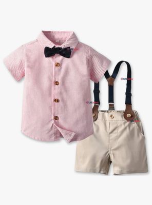 Conjunto de Vestir con Tirantes Camisa Color Rosado Pantalón Corto Algodón Bebe y Niño