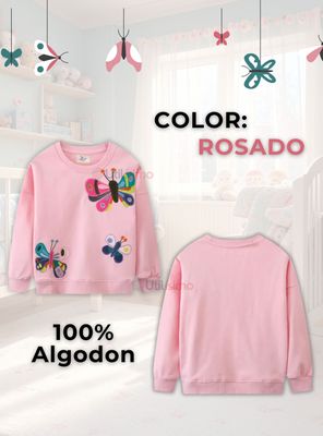 Imagen 2 del producto Poleron Algodon Cuello Redondo Niña Rosado Mariposa