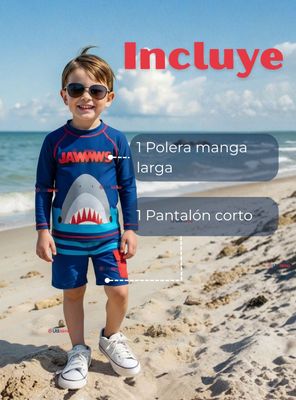 Imagen 2 del producto Traje De Baño 2 piezas Polera Manga Larga y Pantalón Corto Niño de 3 a 11 años Blue Shark