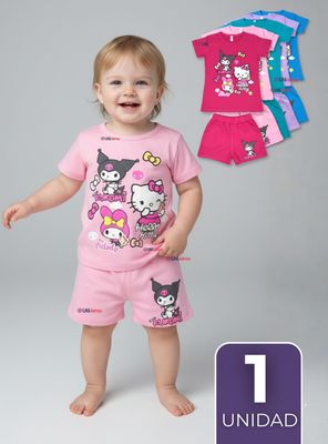 Conjunto Sanrio 100% Algodón Polera y Pantalón Corto Niña Kuromi Hello Kitty My Melody