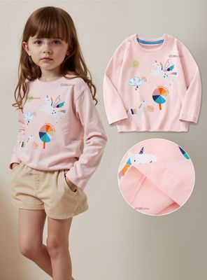 Polera Algodón Manga Larga Niñas Camiseta Unicornio Rosado