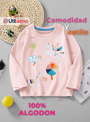 Imagen 2 del producto Polera Algodón Manga Larga Niñas Camiseta Unicornio Rosado