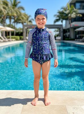 Traje de Baño Enterito Cremallera Manga Larga Con Gorro para Niña 1 a 8 años Blue Flowers