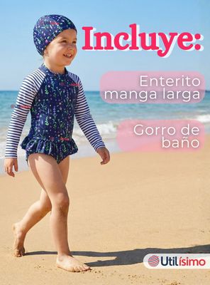 Imagen 2 del producto Traje de Baño Enterito Cremallera Manga Larga Con Gorro para Niña 1 a 8 años Blue Flowers