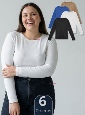 Imagen 1 del producto Pack 6 Camisetas Polar Polera Cuello Redondo Mujer Manga Larga Tela Acanalada Color Surtidos