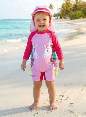 Traje de Baño Enterito Cremallera Manga Larga Con Gorro Niña 1 a 5 años Pink Unicorn