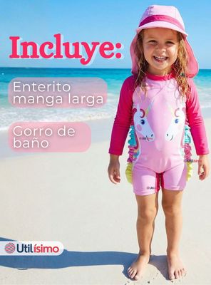 Imagen 2 del producto Traje de Baño Enterito Cremallera Manga Larga Con Gorro Niña 1 a 5 años Pink Unicorn