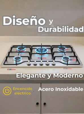 Imagen 2 del producto Cocina Encimera Gas Licuado de 5 Platos Acero Inoxidable + Kit de instalación