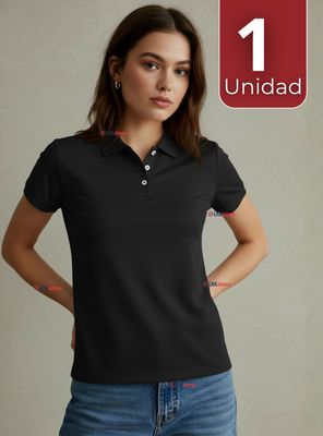 Polera Pique Premium 200g Manga Corta Algodón Textura Suave Chemise Negro Mujer