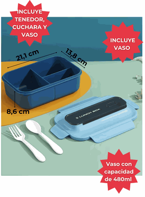 Imagen 2 del producto Fiambrera Contenedor 1200 Ml Lunch Box Táper Hermético + Vaso Plástico Blue